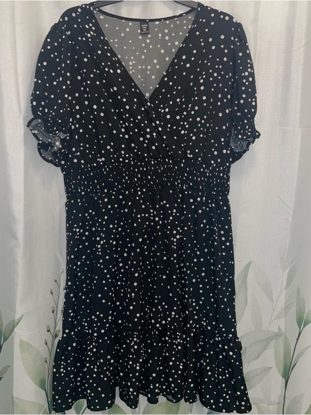 Black Polka Dot Smocked Waist V-Neck Women's Dress